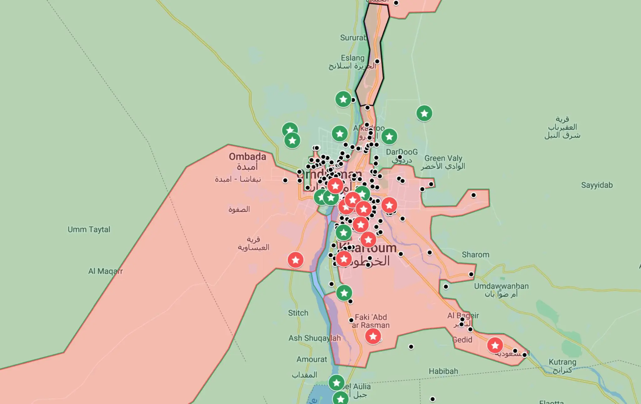 الوضع العسكري - الأخضر الجيش السوداني - الوردي الدعم السريع