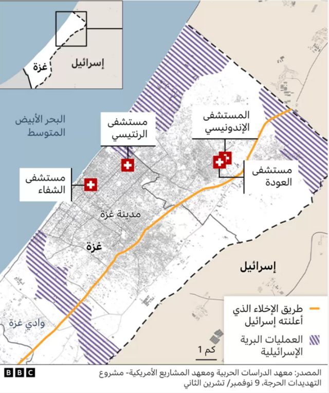 خريطة تبين مواقع المستشفيات في قطاع غزة