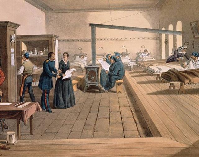 لوحة تمثل نايتنغيل وهي تتحدث مع ضابط في الجيش في مستشفى باراكس عام 1856
