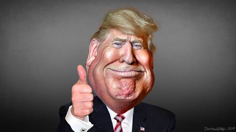 Donald Trump giving thumbs up (caricature by DonkeyHotey)