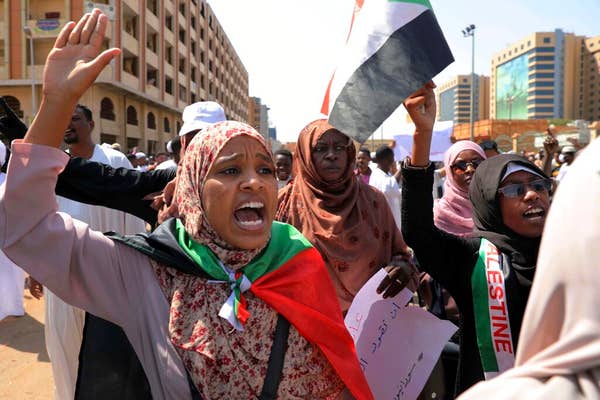 Women in Khartoum chant slogans to protest Sudanese President of the Sovereignty Council Abdel Fattah Abdelrahman Burhan's contentious decision to meet Israel's prime minister in a move toward normaliCredit: P Photo/Marwan Ali