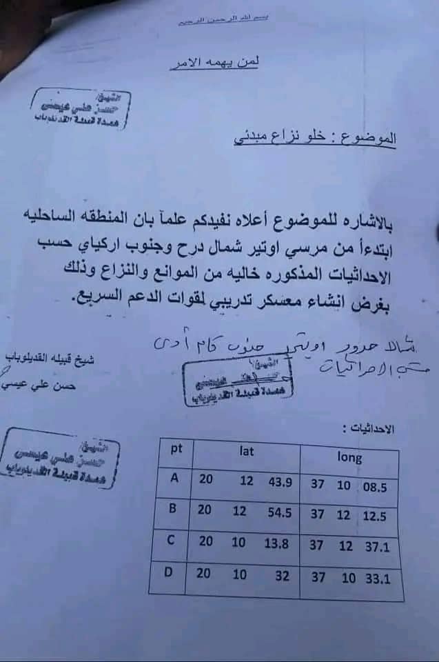 حكومة البحر الأحمر توقف قرار منح الدعم السريع اراضي على ساحل البحر (طالع المستند)