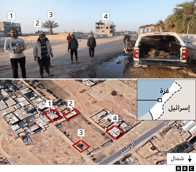 صورة لمركبة ثانية متضررة بشدة، حيث تم وضع دائرة حول المعالم - بما في ذلك الأشجار والمباني المميزة ومقارنتها مع صورة القمر الصناعي للطريق نفسه