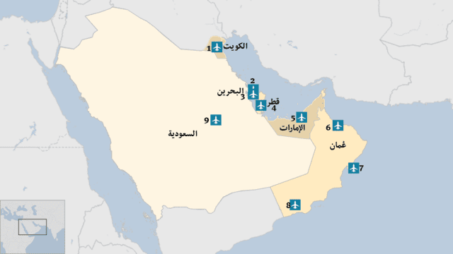 الخريطة توضح وجود القواعد الجوية فقط، دون ذكر القواعد البحرية