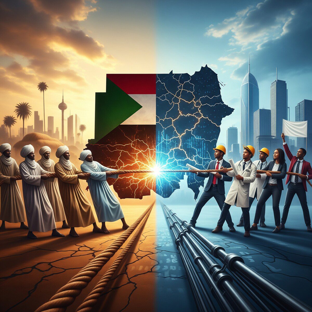 هذه الصورة تجسد الفكرتين كقوتين تتجاذبان هوية الأمة، مما يخلق حالة من التوتر والصراع على مستقبل البلاد